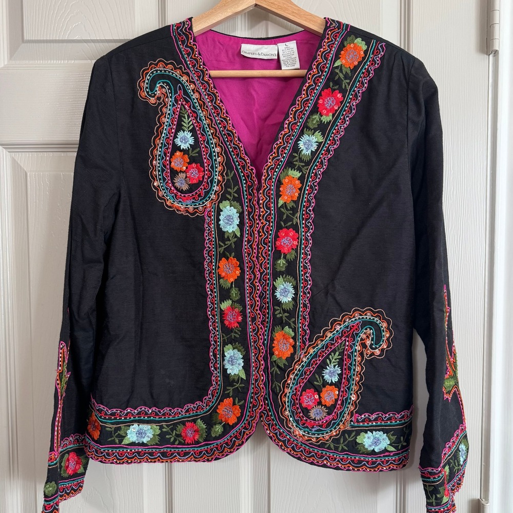 Drapers Damons Womens L Black Embroidered Floral Paisley Sequin Jacket Artsy